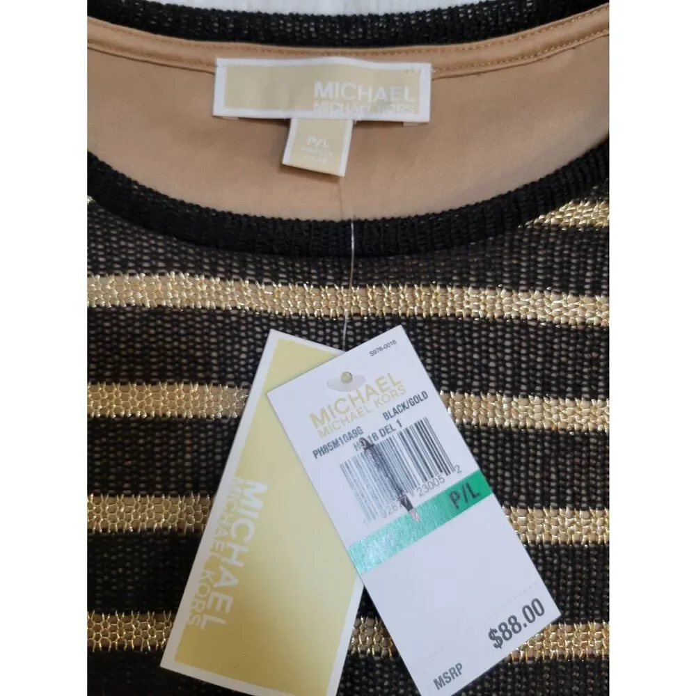 Michael Kors Open Knit Metallic Stripes Gold Black Long Sleeve Top Sz LP New
